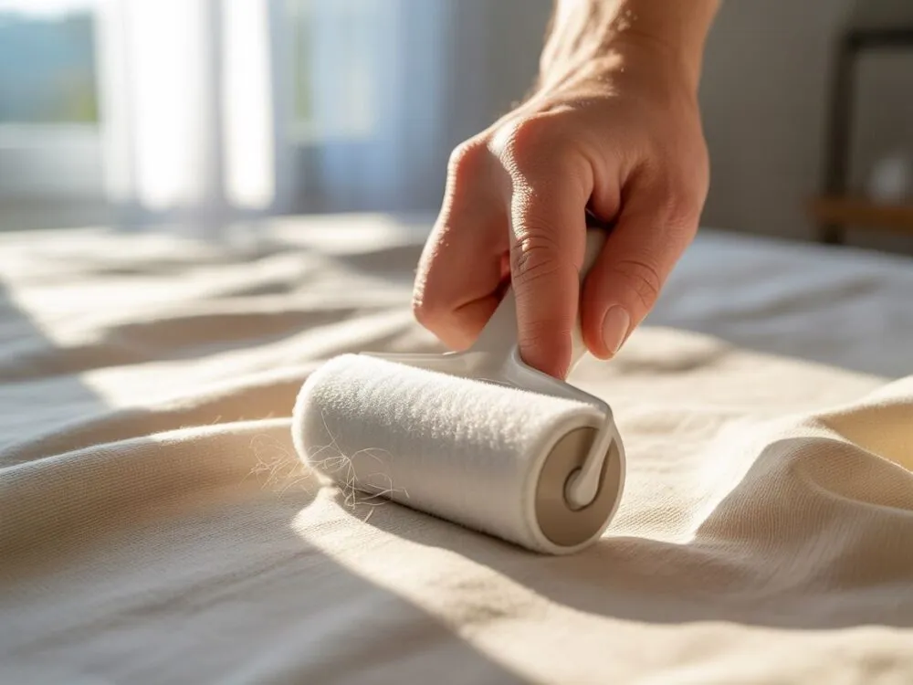 Kobieta usuwająca sierść z ubrań rolką lub gumową rękawicą