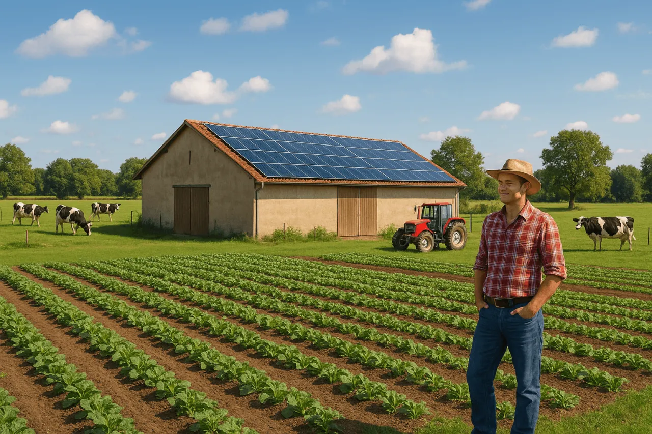 Rolnik na tle farmy z panelami słonecznymi na dachu stodoły. Dofinansowanie do solar&oacute;w to przyszłość rolnictwa.