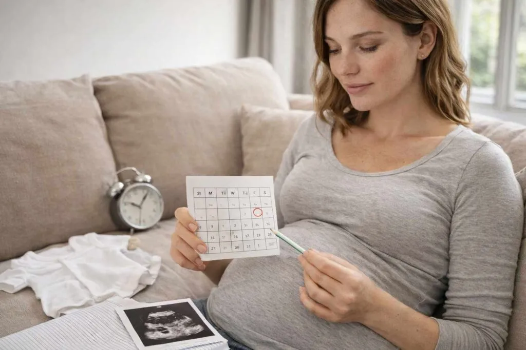 Kobieta w ciąży patrząca na kalendarz lub aplikację z datą porodu