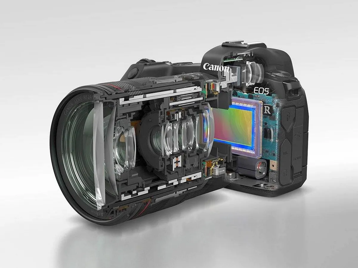 Przekrój aparatu Canon EOS R z widocznym obiektywem i sensorem. Zastanawiasz się, ile kosztuje aparat do zdjęć?