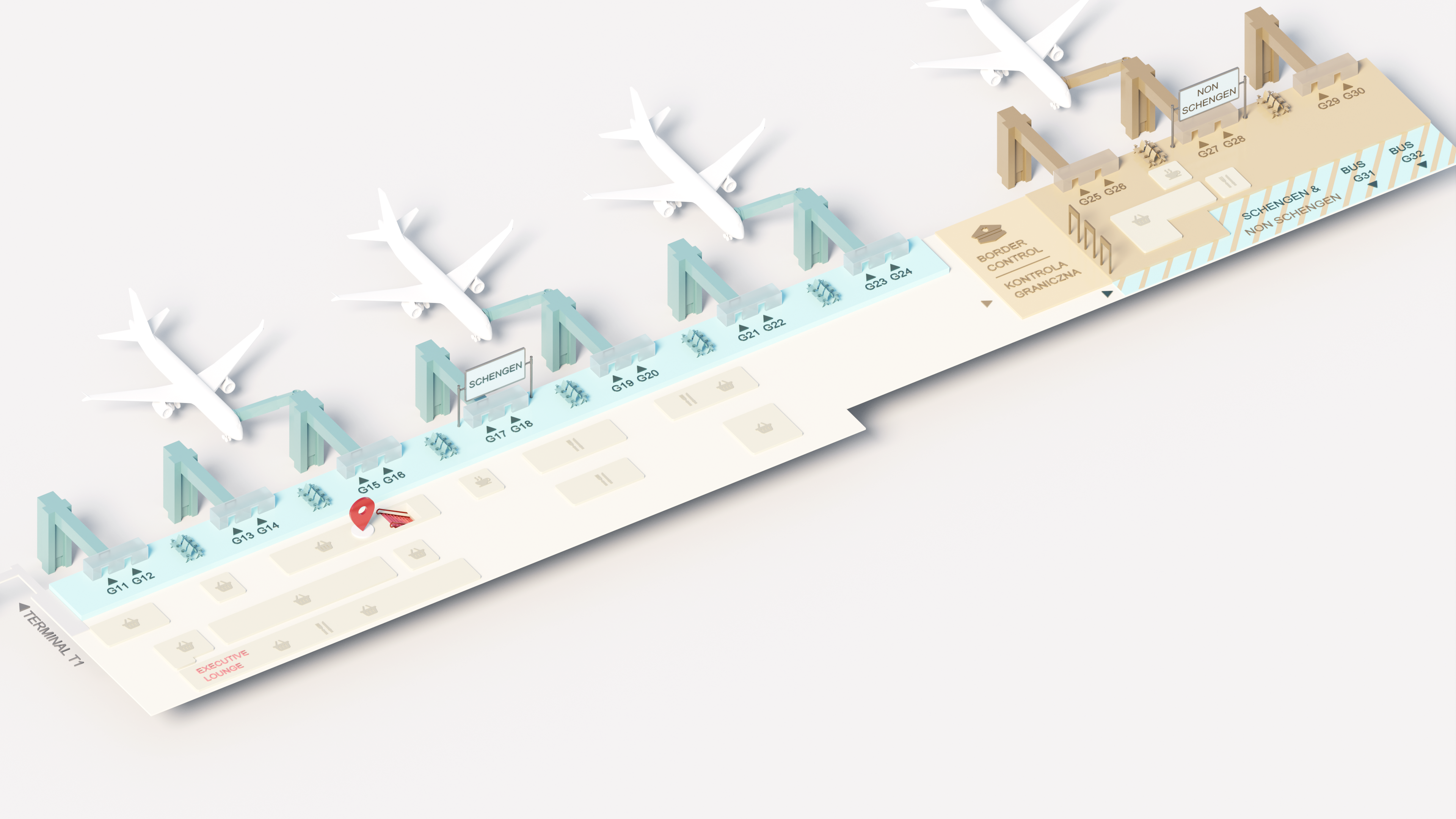 Schemat lotniska w Gdańsku: Terminal T1, bramki, kontrola graniczna, strefy Schengen i Non-Schengen. Dowiedz się, jak dojechać na lotnisko w Gdańsku.