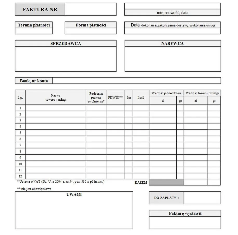 przykładowa faktura bez VAT wzór