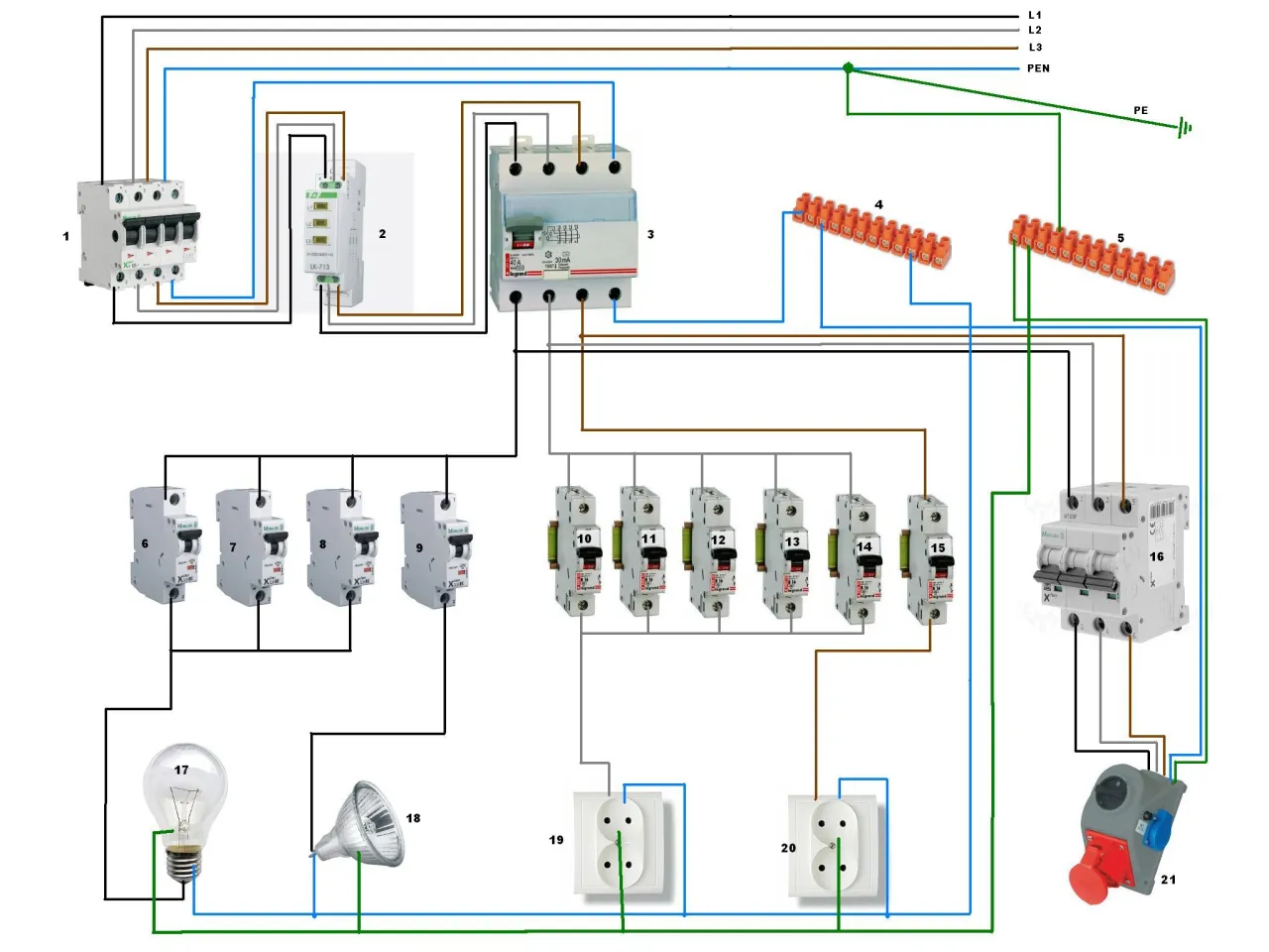 Schemat instalacji elektrycznej. Bezpiecznik 3 ma oznaczenie 40A, co sugeruje, że jest to zabezpieczenie dla obwodu o mocy do 4kW.