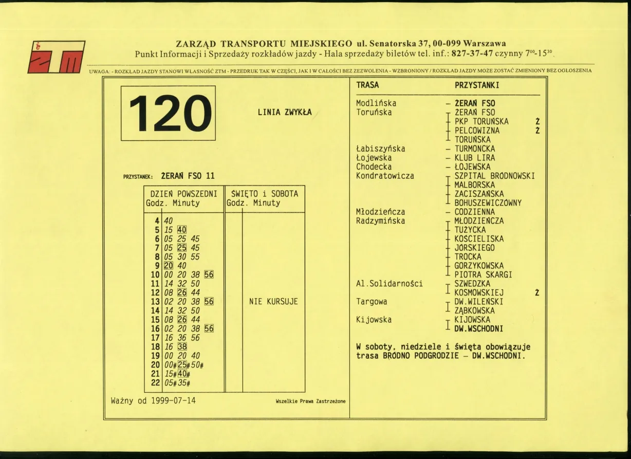 Mapa trasy autobusu 120 Warszawa