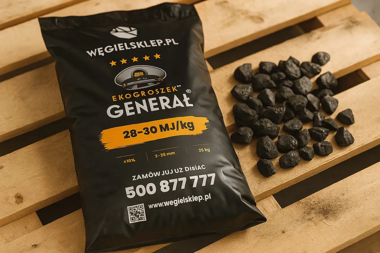 Ekogroszek Generał to wysokiej jakości paliwo węglowe, idealne do ogrzewania domu. Worek 25 kg, kaloryczność 28-30 MJ/kg.