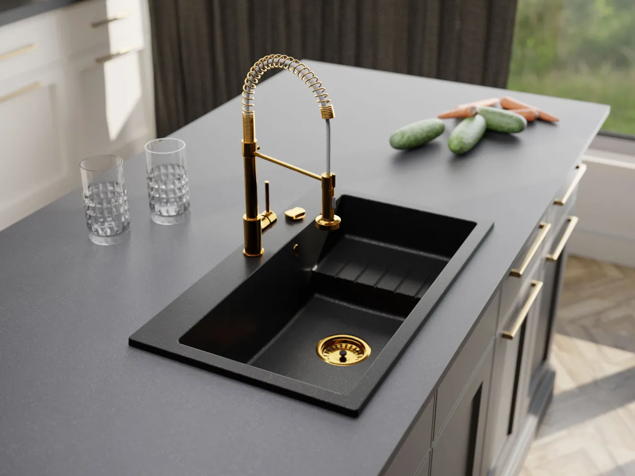 Czarny zlew z białym osadem z kamienia