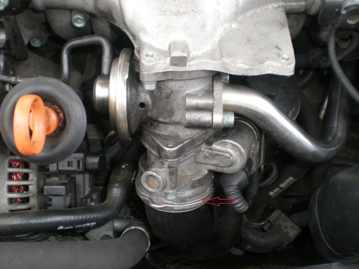 Silnik z widocznym elementem układu recyrkulacji spalin, sugerującym zaslepienie EGR. Czerwona strzałka wskazuje na potencjalne miejsce modyfikacji.