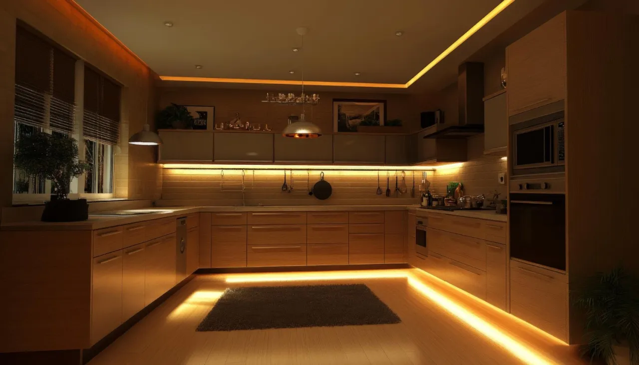 Nowoczesna kuchnia z drewnianymi frontami, gdzie ciepłe światło emituje listwa oświetleniowa LED, tworząc przytulną atmosferę.