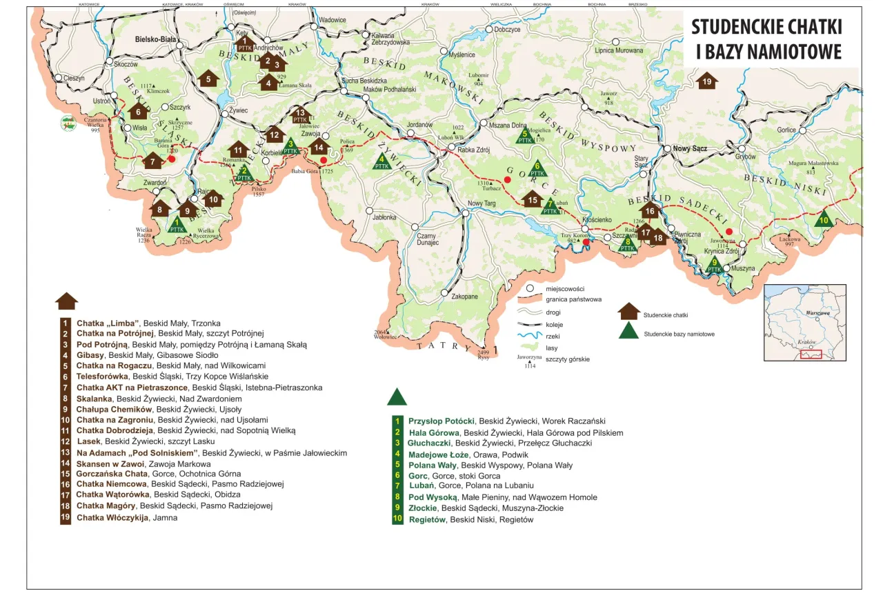 Mapa studenckich schronisk i baz namiotowych w Beskidach. Czy schronisko może odm&oacute;wić noclegu? Sprawdź lokalizacje i regulaminy.