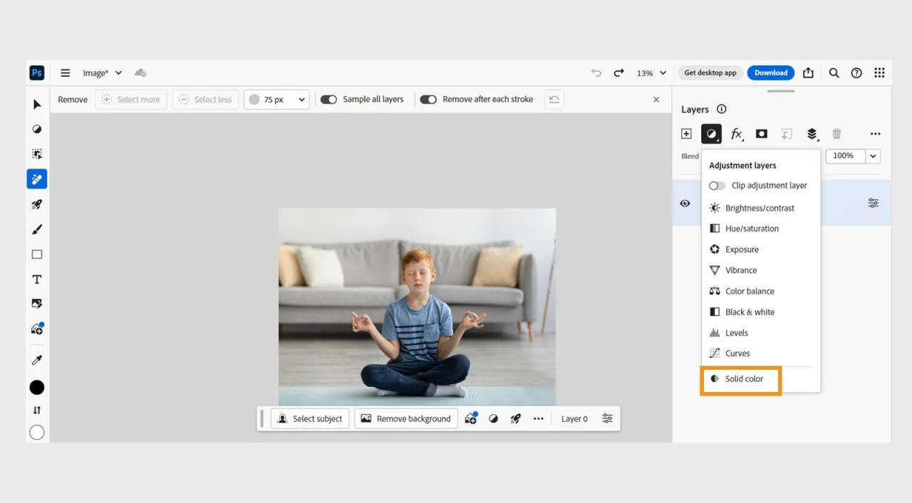 Photoshop warstwa wypełnienia kolor kryjący przykład