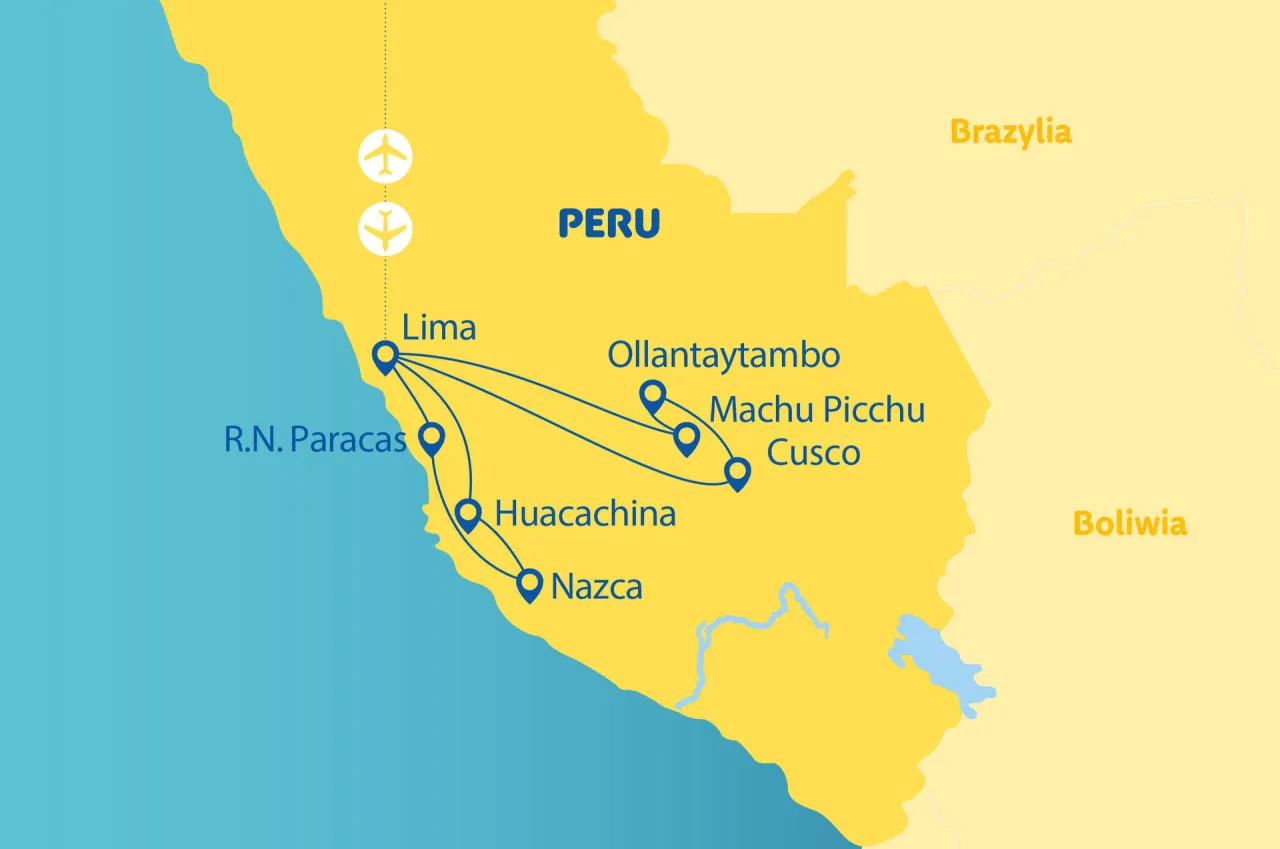 Mapa Peru z zaznaczonymi atrakcjami: Lima, Paracas, Nazca, Huacachina, Ollantaytambo, Machu Picchu, Cusco. Podr&oacute;żni zastanawiają się, czy w Peru jest bezpiecznie.