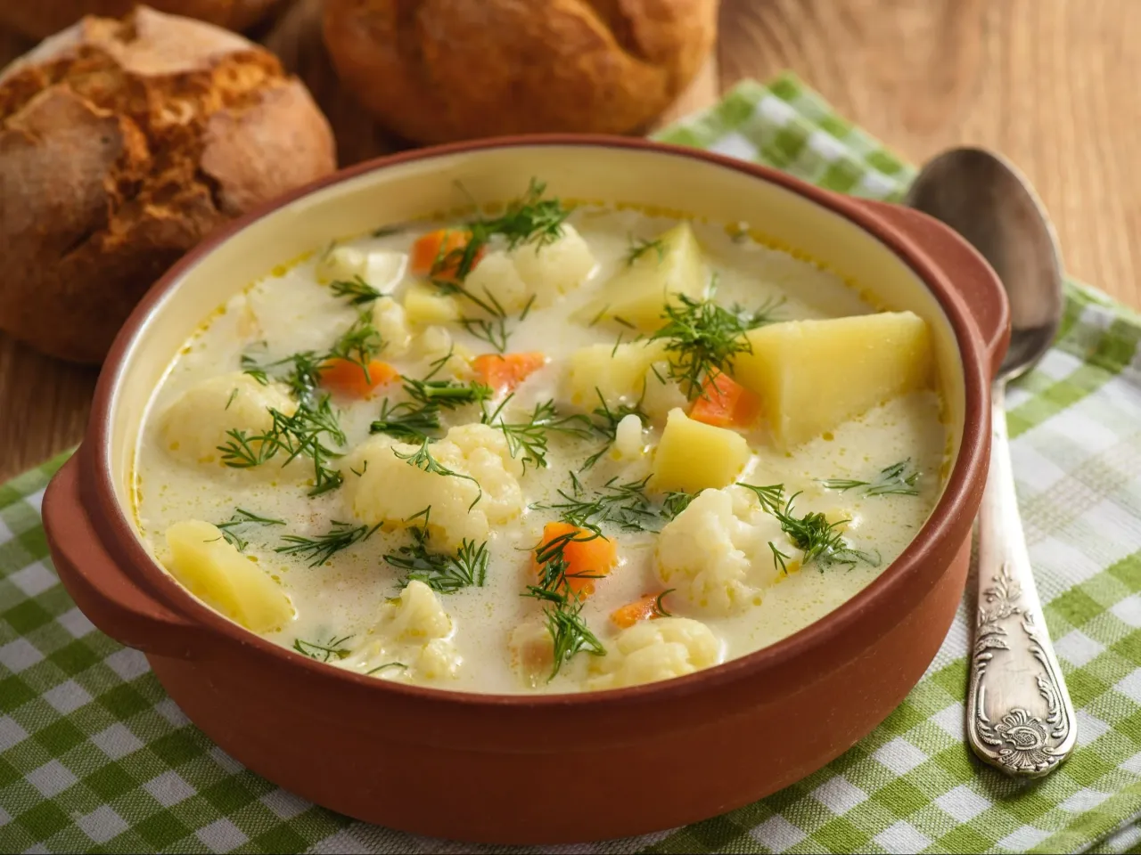 Uśmiechnięta babcia gotująca zupę kalafiorową w tradycyjnej kuchni