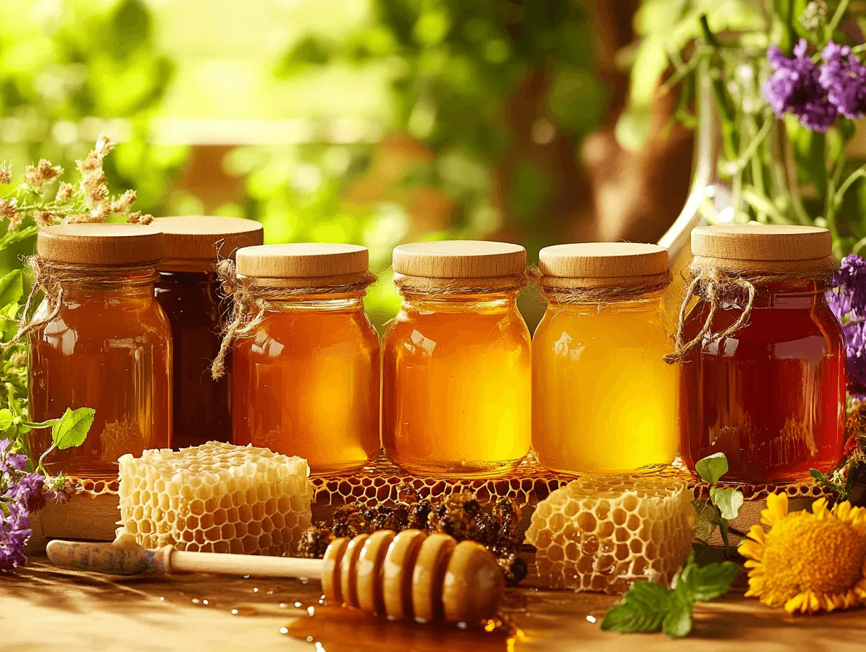 r&oacute;żne rodzaje miodu w słoikach