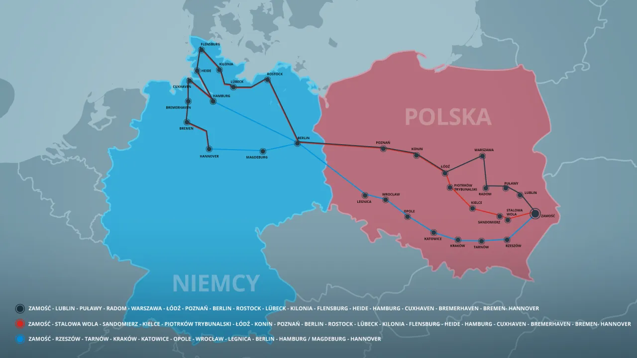 Mapa Polski i Europy z zaznaczonymi trasami transportowymi bus&oacute;w