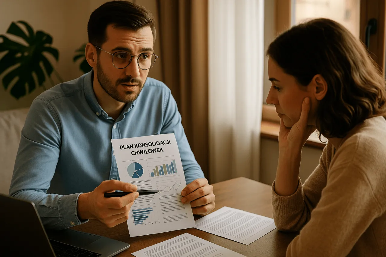 Doradca omawia z klientką plan konsolidacji chwilówek, pokazując wykresy. Rozmowa dotyczy tego, czy można wyczyścić BIK.