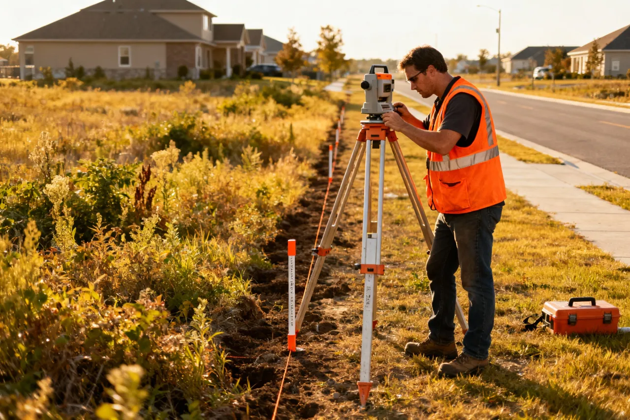 Geodeta w kamizelce odblaskowej pracuje przy niwelatorze, wyznaczając teren. Zastanawiasz się, ile kosztuje podział działki na 4?