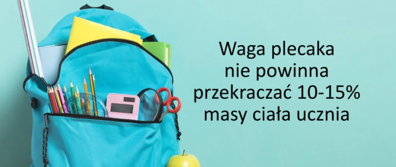 Niebieski plecak pełen przyborów szkolnych. Waga plecaka nie powinna przekraczać 10-15% masy ciała ucznia.