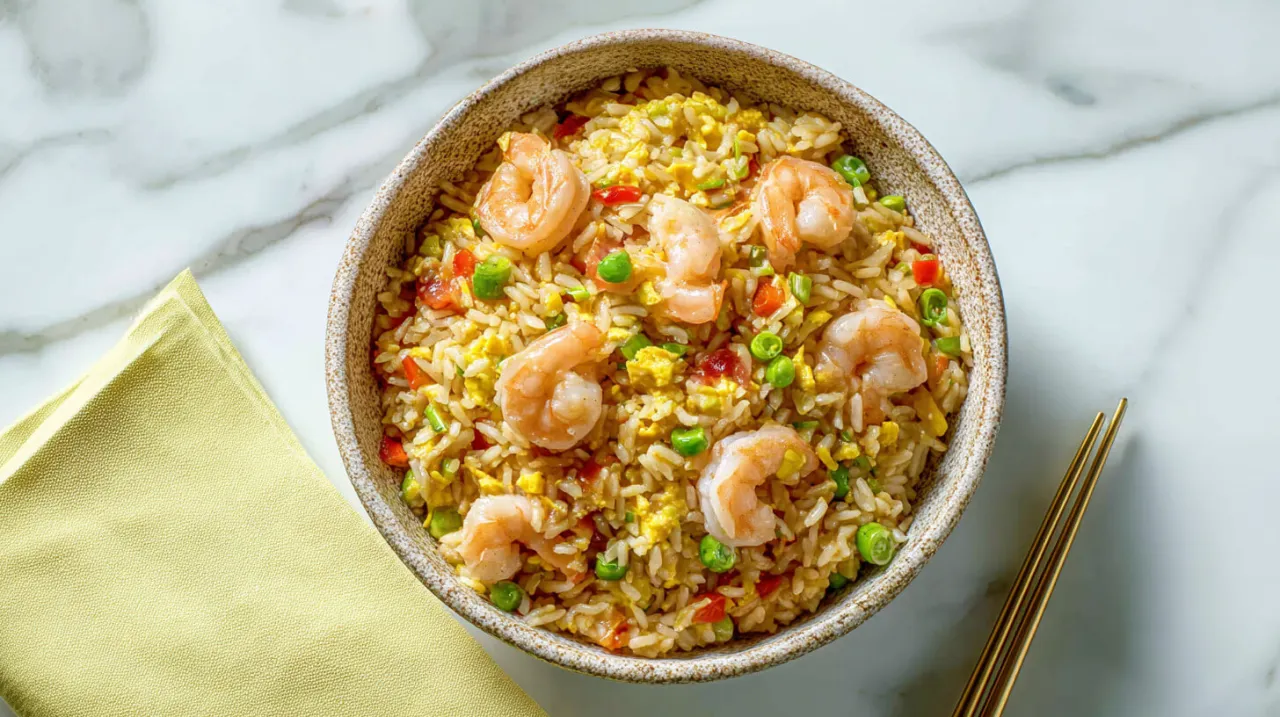 Pyszny ryż smażony z krewetkami, groszkiem i jajkiem w misce, gotowy do jedzenia.