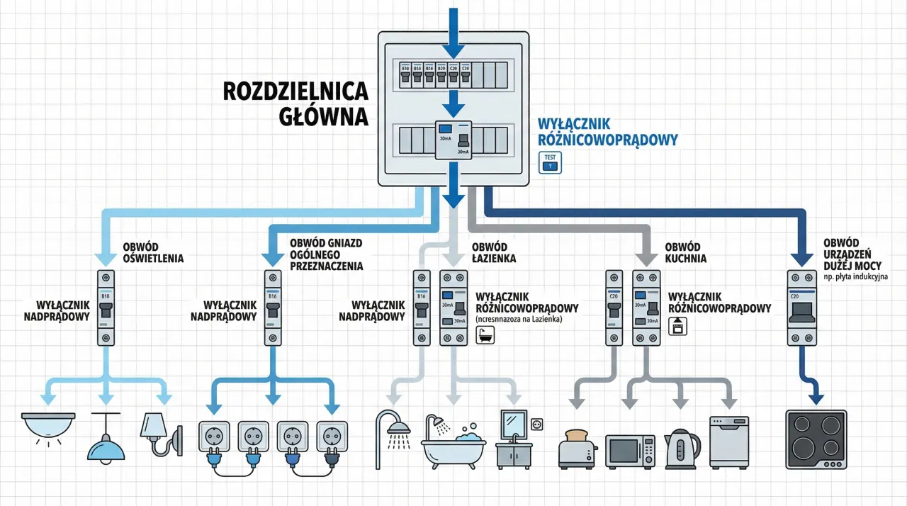 Schemat pokazuje, jak podłączyć kilka gniazdek elektrycznych, oświetlenie, łazienkę i urządzenia kuchenne do rozdzielnicy gł&oacute;wnej.