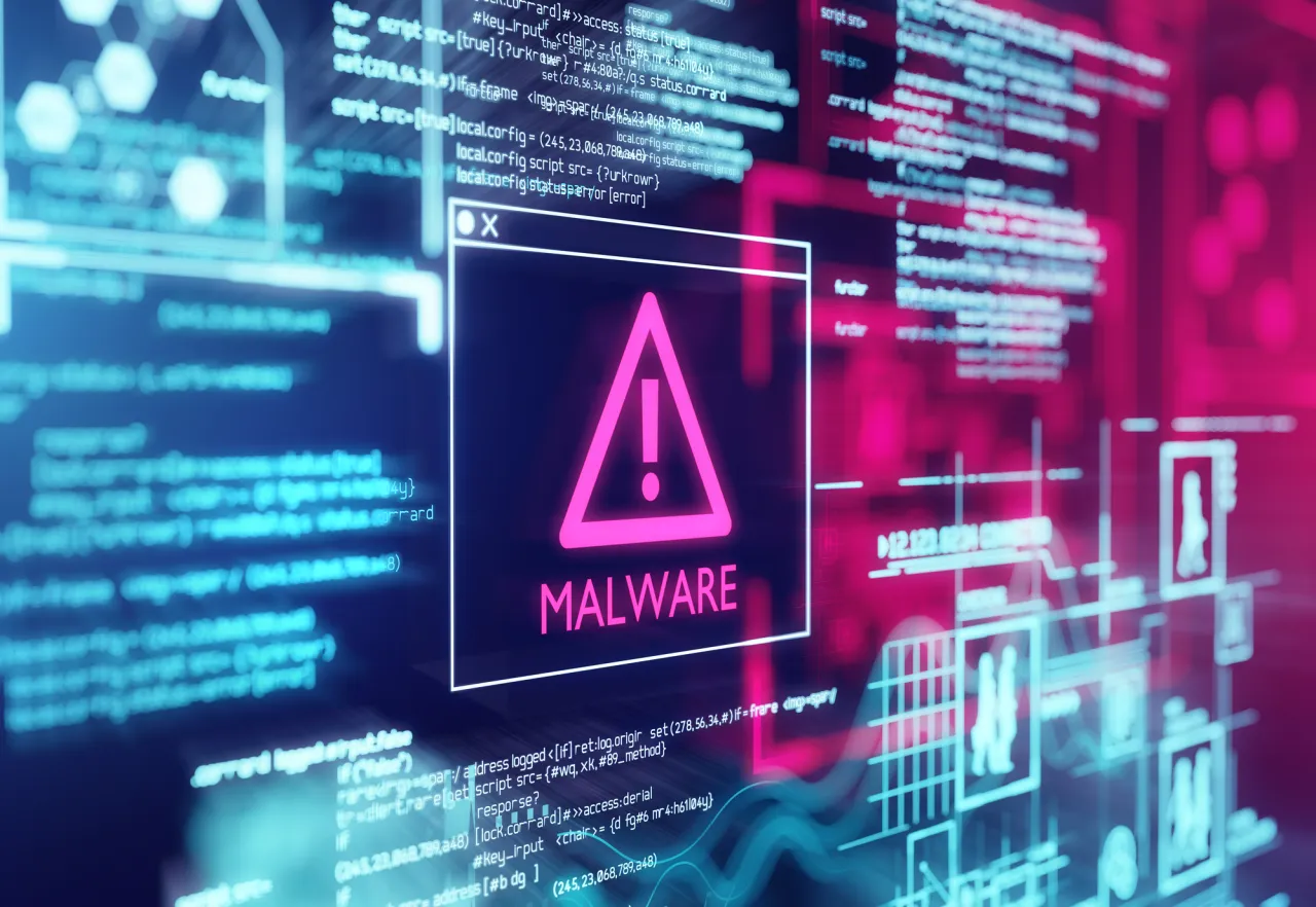 Okno z ostrzeżeniem o zagrożeniu MALWARE. W tle widać kod i wykresy, sugerujące potrzebę wiedzy, jak usunąć malware.