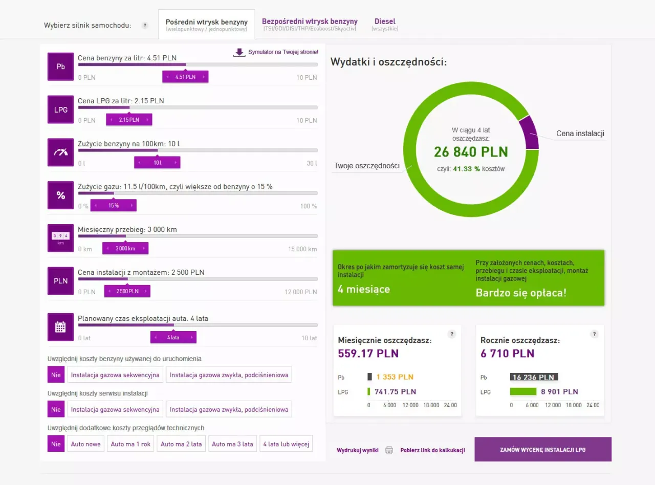 infografika koszt instalacji lpg porównanie silników