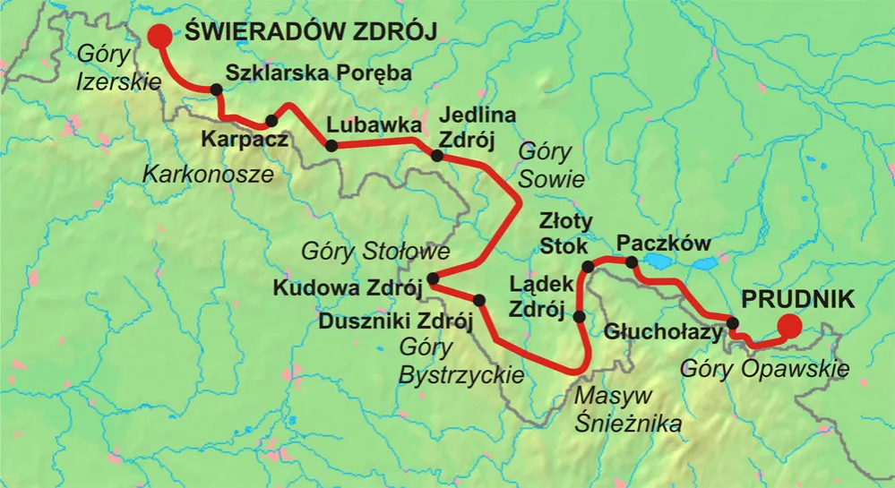 mapa Głównego Szlaku Sudeckiego z etapami