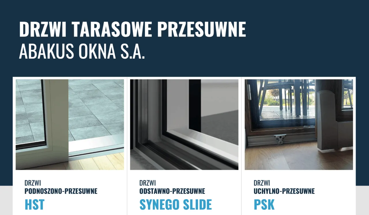 Trzy rodzaje drzwi balkonowych przesuwnych: podnoszono-przesuwne HST, odstawno-przesuwne Synego Slide i uchylno-przesuwne PSK.