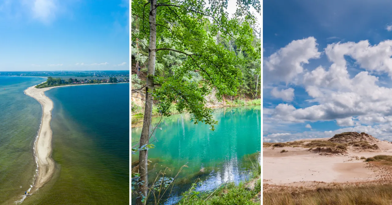 Polska najpiękniejsze miejsca: piaszczysta mierzeja, turkusowe jezioro i piaszczyste wydmy.