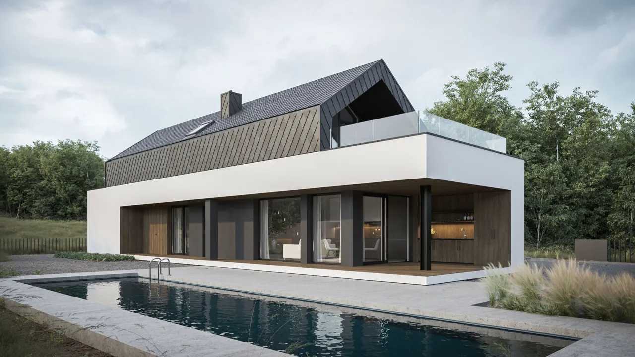 Nowoczesny dom z basenem i tarasem. Szacowany koszt budowy domu stan surowy zamknięty 100m2.