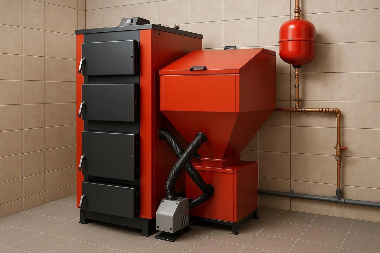 Nowoczesny piec na ekogroszek z zasobnikiem i systemem rur. Dowiedz się, jak ustawić piec na ekogroszek, by działał wydajnie.