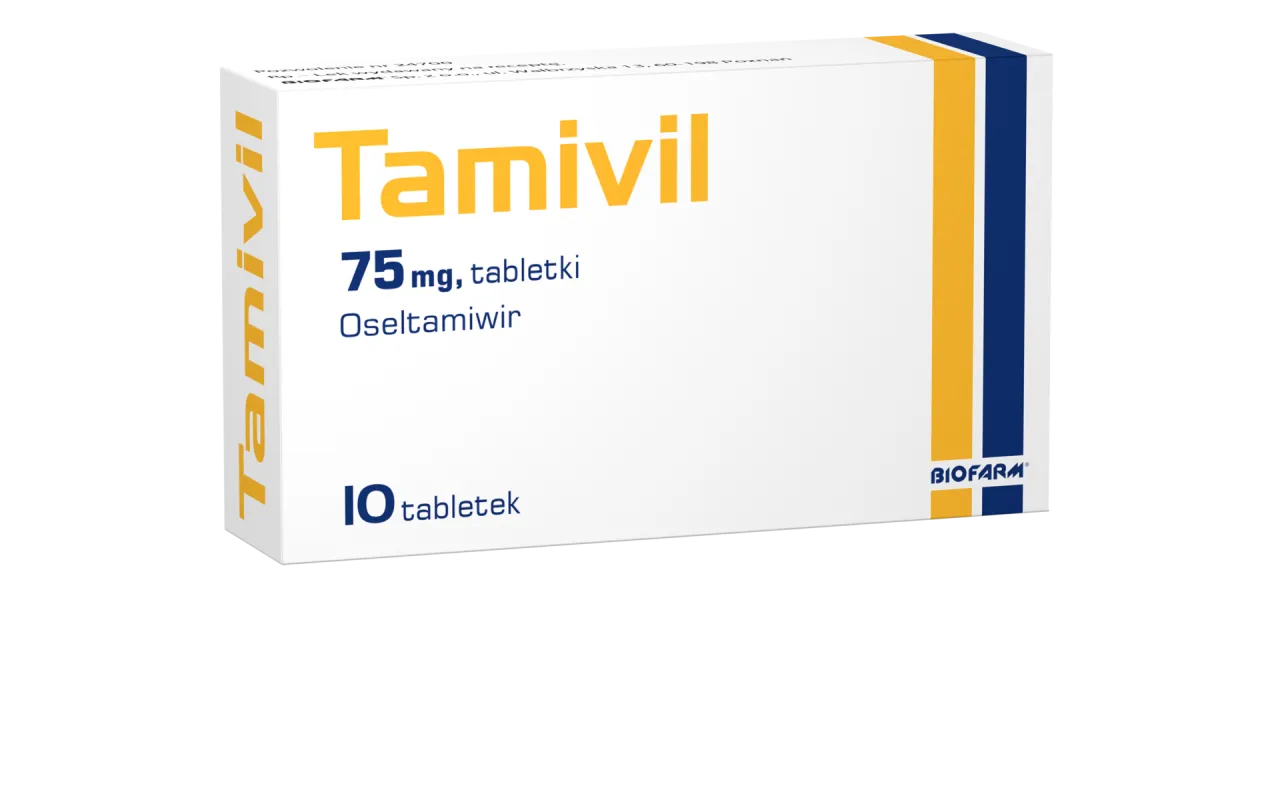 Opakowanie leku Tamivil 75 mg, zawierającego oseltamiwir, to jedno z możliwych leków na grypę.