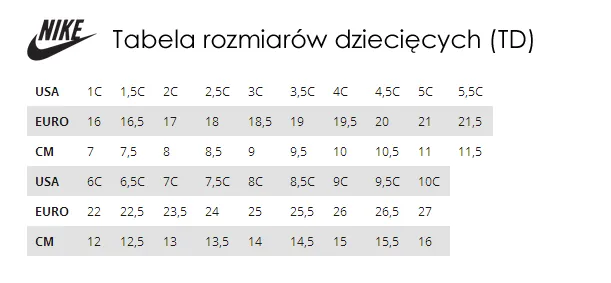tabela rozmiarów nike dziecięce