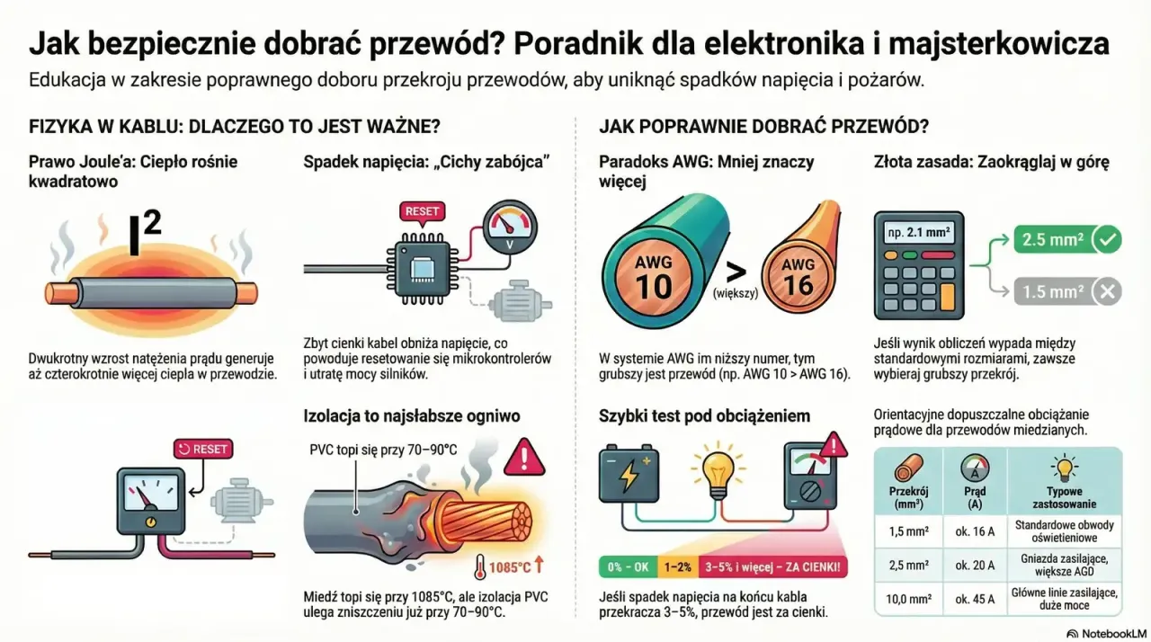 Poradnik: jak dobrać przew&oacute;d? Wyjaśnia prawo Joule'a, spadek napięcia, paradoks AWG i test obciążenia. Zobacz, jaki przew&oacute;d 40a wybrać.