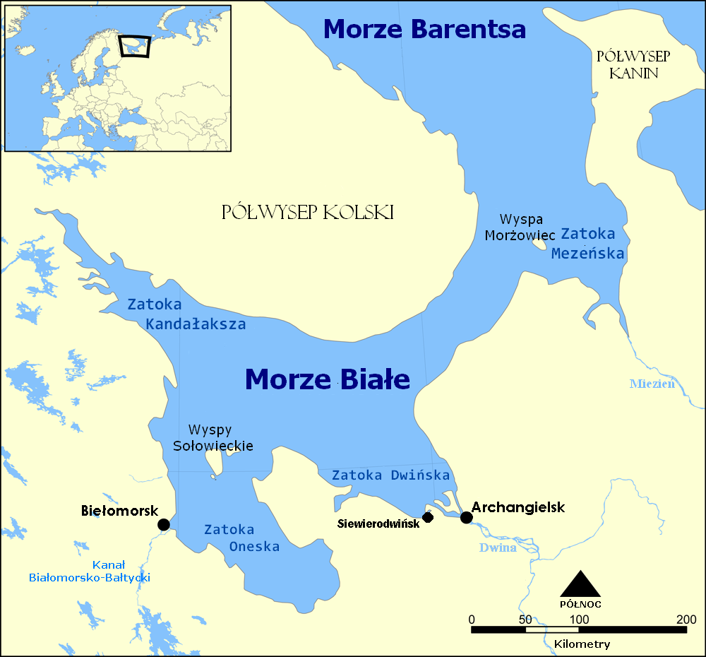Mapa Morza Białego z zaznaczonymi zatokami