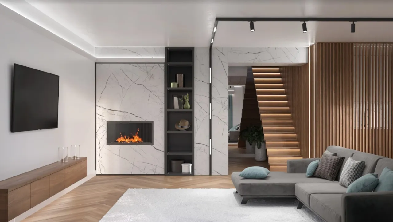 przykłady lamp do salonu: szynoprzewody, lampy podłogowe, taśmy LED