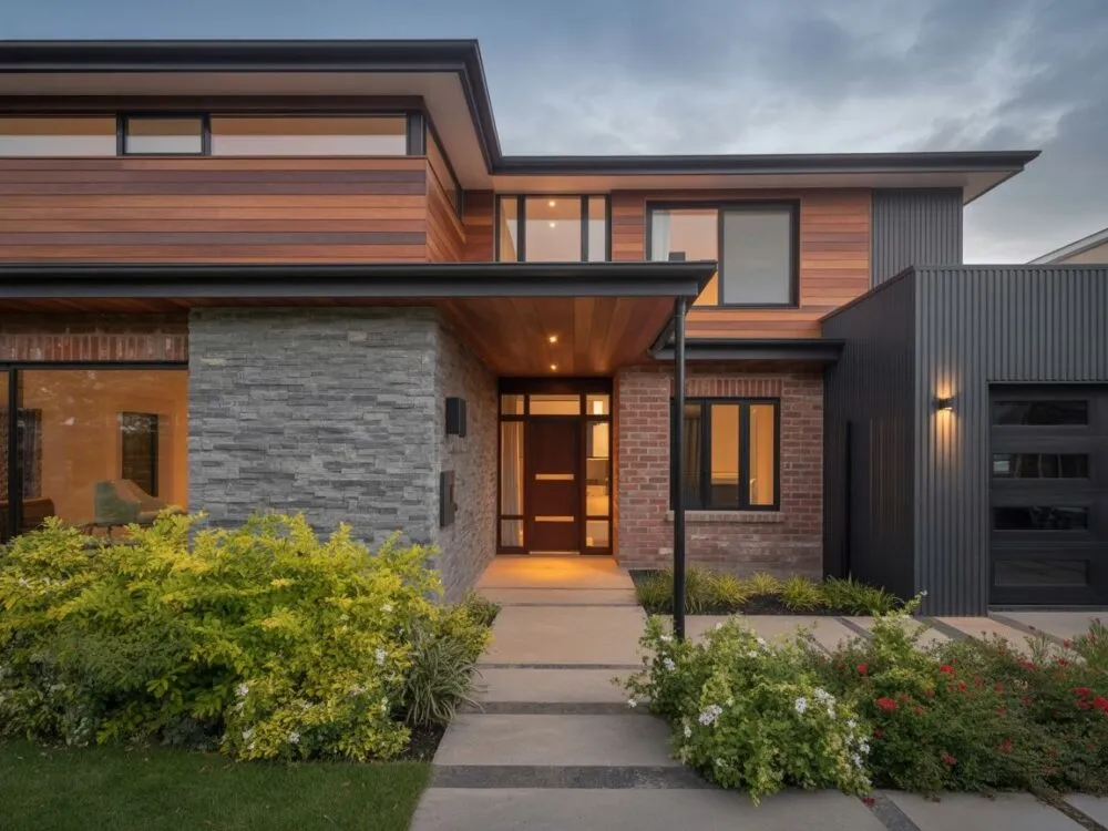 Nowoczesna elewacja łączenie tynku drewna klinkieru