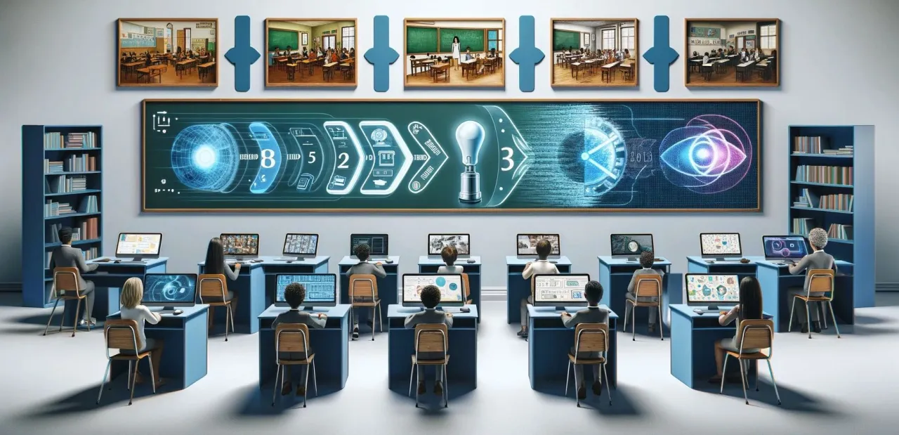 Przyszłość edukacji: jak będzie wyglądało nauczanie hybrydowe. Uczniowie przy komputerach, tablica z wizualizacją postępu nauki.