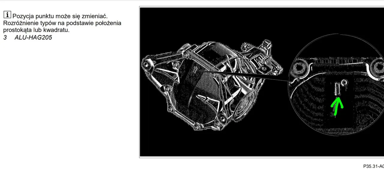 Schemat tylnego mostu z zaznaczonym punktem kontrolnym. Informacja o tym, co ile wymiana oleju w tylnym moście, może być kluczowa dla jego żywotności.