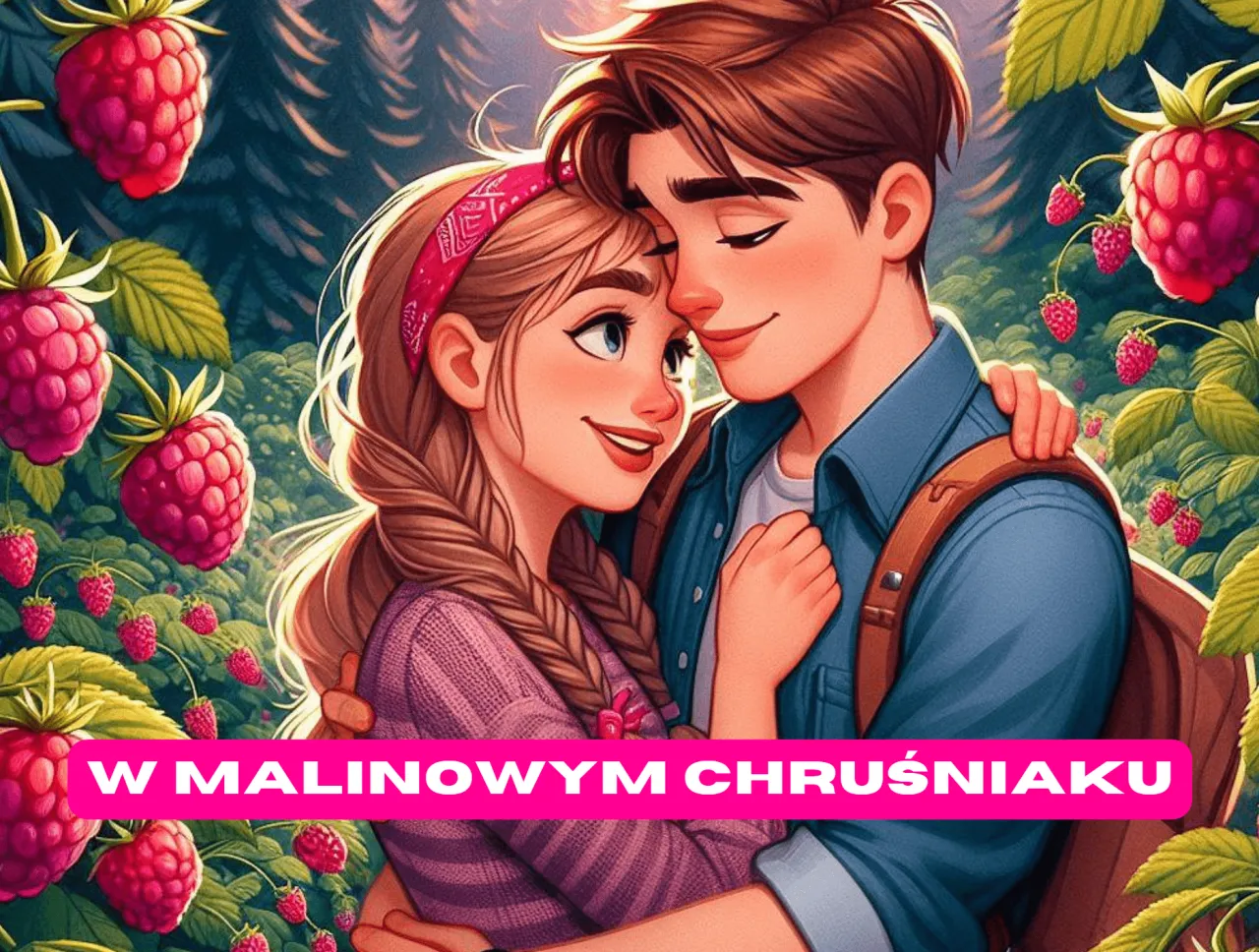 Zakochani w malinowym chruśniaku, otoczeni soczystymi owocami. Ich miłość kwitnie wśr&oacute;d leśnych drzew.
