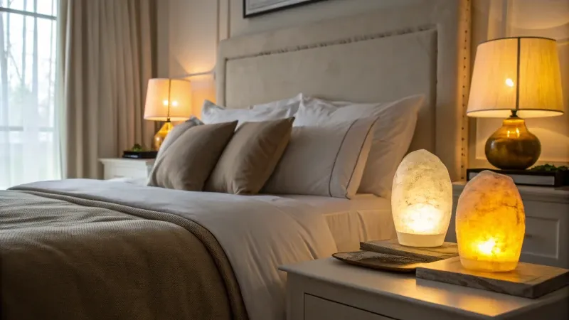 Spokojna sypialnia w nocy z włączoną lampką nocną