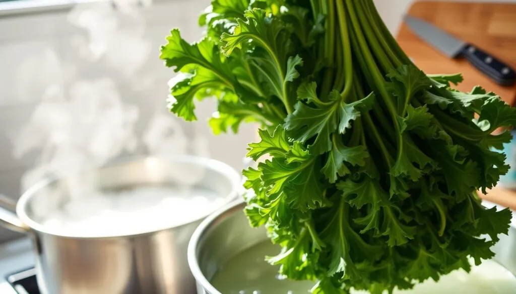 świeży jarmuż w misce, mycie jarmużu, usuwanie łodyg jarmużu