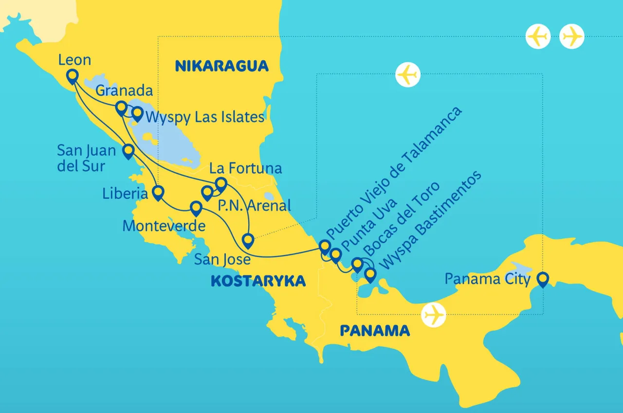 Mapa pokazuje gdzie leży Kostaryka, między Nikaraguą a Panamą. Zaznaczone są popularne miejsca turystyczne.
