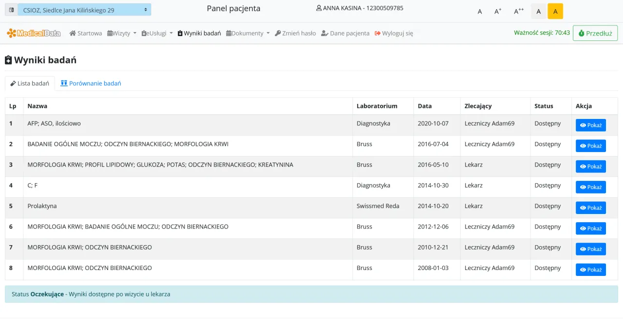 Laboratorium Bruss wyniki online panel pacjenta