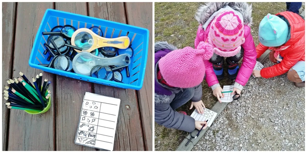 dzieci na zajęciach terenowych z lupami