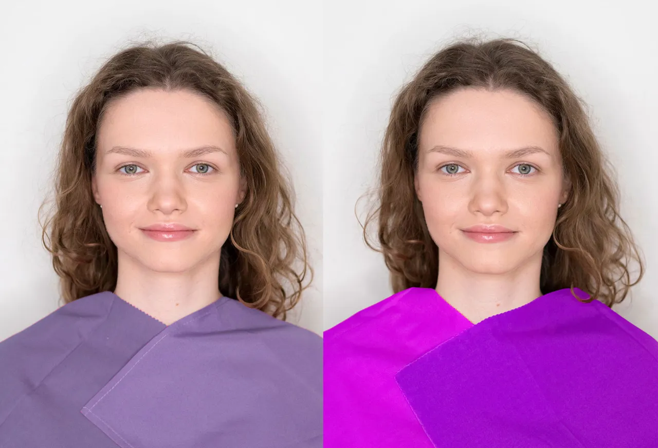 Zgaszone lato aktorki. Por&oacute;wnanie odcieni fioletu przy twarzy młodej kobiety.