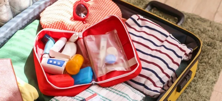 apteczka podr&oacute;żna na wakacje z dzieckiem flat lay