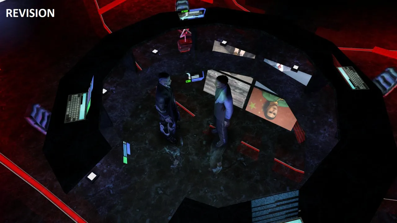 Dwie postacie w futurystycznym centrum dowodzenia, gdzie ekrany wyświetlają obrazy, w tym portret z gwiazdami. To scena z gry Deus Ex Revision.