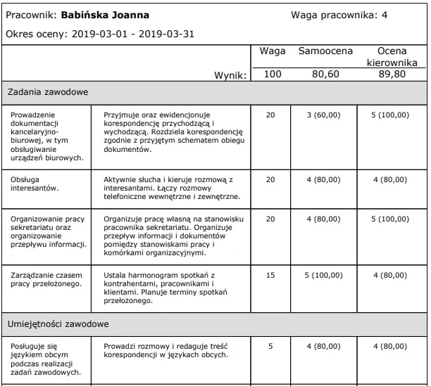 wz&oacute;r formularza oceny pracownika