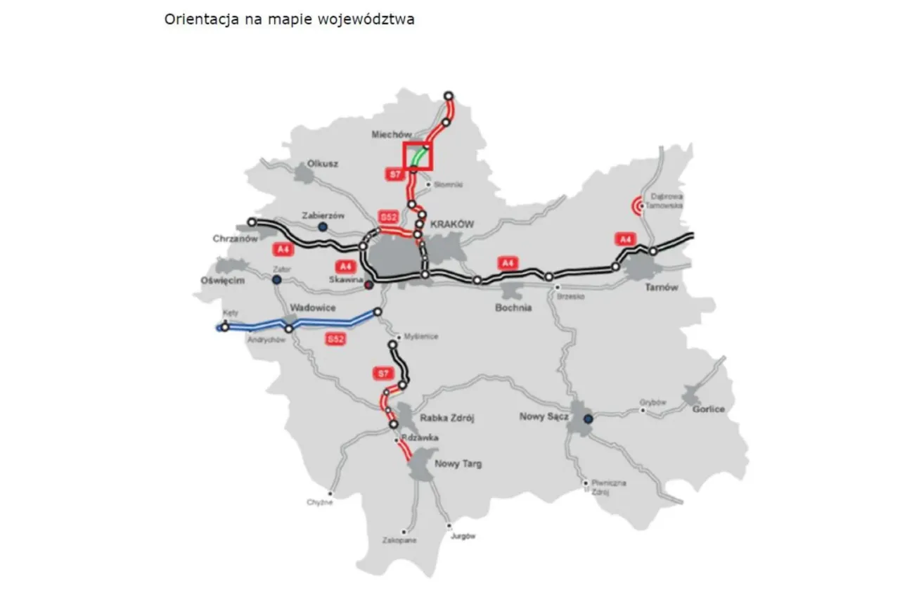 Mapa wojew&oacute;dztwa z zaznaczonymi drogami S7 i A4. Widać Krak&oacute;w, Miech&oacute;w, Tarn&oacute;w, Nowy Sącz, Zakopane. Trasa Krak&oacute;w-Miech&oacute;w jest wyr&oacute;żniona.