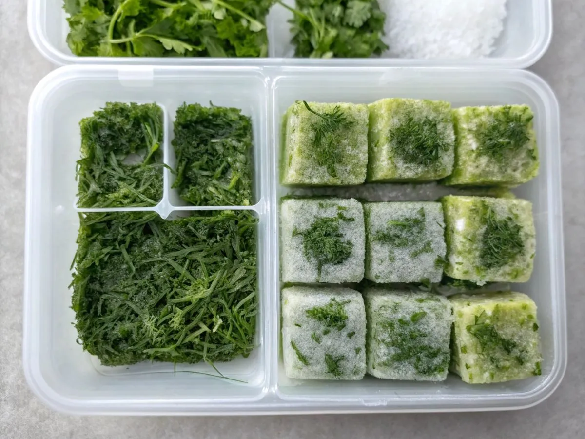 Mrożone zioła w kostkach, w tym posiekana bazylia, pokazują, czy bazylię można mrozić.